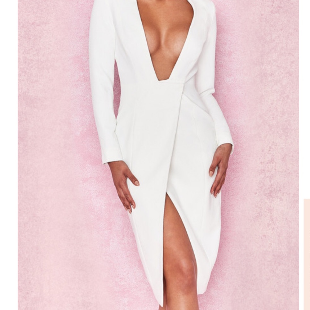 House of CB White Crêpe Wrap Over Plunge Dress